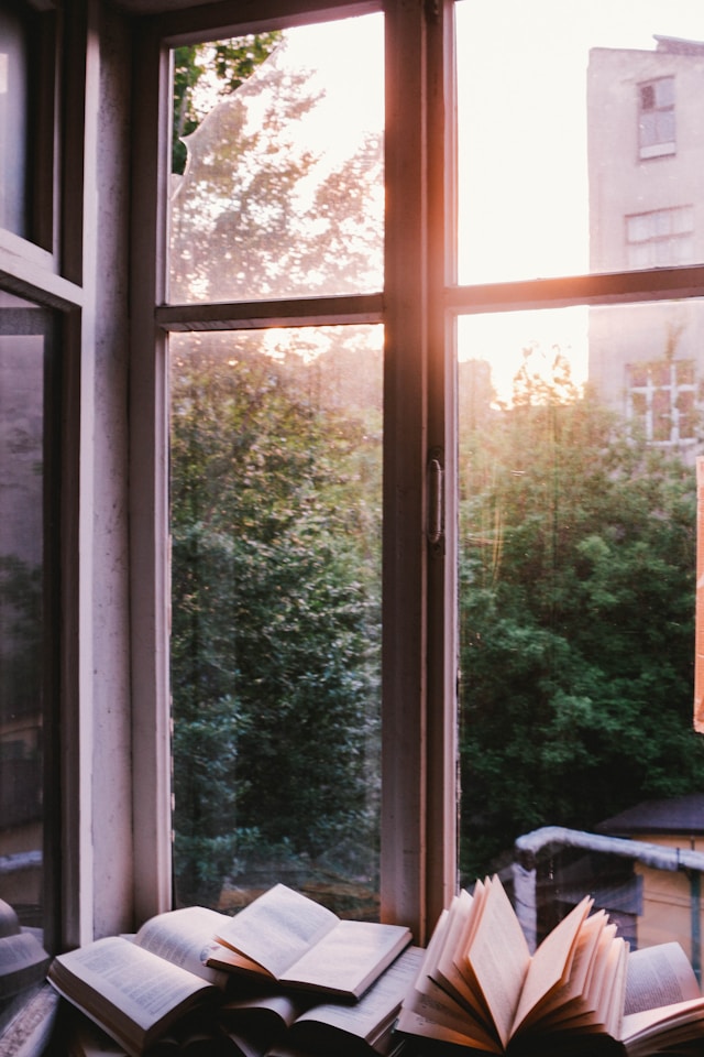 Several books open on a window sill looking out on trees in an urban setting.